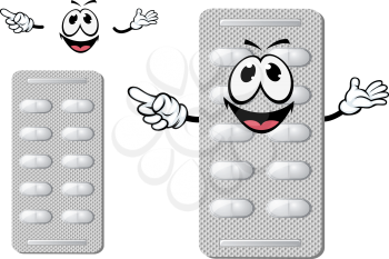 Cheerful smiling silver blister of pills character with cylinder white tablets, isolated on white,  for medicine or pharmacy design