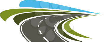 Steep turn of speed road icon with flowing lines of green road sides and blue sky, for transportation or trip design