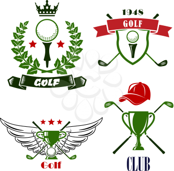 Heraldic golf club or tournament emblems with balls on tees framed by heraldic shield, ribbon banners, laurel wreath and trophy cups, crossed clubs, decorated stars, crown, wings and cap