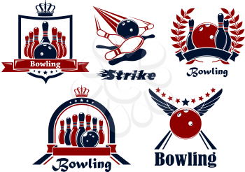 Bowling emblems with balls, ninepins, strike, lanes, supplemented heraldic shield, wreath, ribbon banners, stars, wings and crowns 