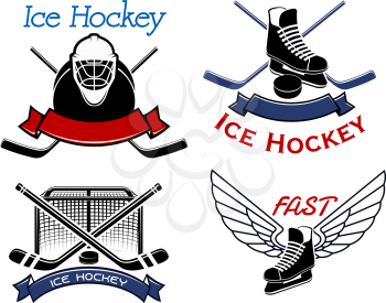 Ice hockey icons and symbols showing crossed sticks, pucks and gate with goalie mask and skates decorated by wings and ribbon banners