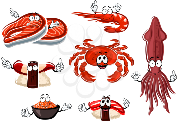 Cartoon happy salmon steak, shrimp, crab, squid, red caviar, nigiri sushi with clam and tuna characters for seafood menu or healthy food design 