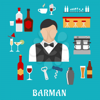 Barman and bartender profession flat icons with man, alcohol beverages and drinks, pub elements
