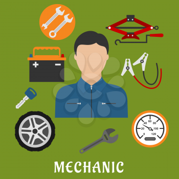 Mechanic profession flat concept. Man in uniform overalls and cap, jack screw, wheel, key, wrench and battery icons
