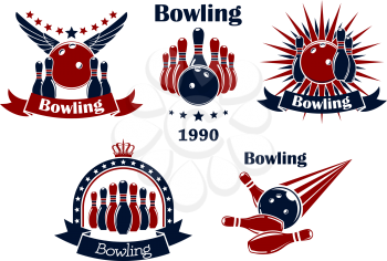 Bowling game retro icons or emblems with strike, balls, ninepins, wings, stars, rays, crown and ribbon banners