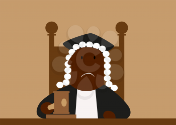 Judge in his wig passing judgment in court hammering down with his gavel