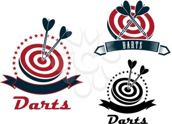 Darts sport emblems or symbols with a ribbon banner, dart board and darts in different designs, dark grey and red colors