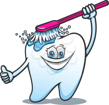 Cartoon happy tooth with brush cleaning ans washing. For dental hygiene or healthcare themes design
