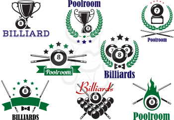Billiard game or poolroom icons and symbols with balls, trophy cup, crossed cues and decorations