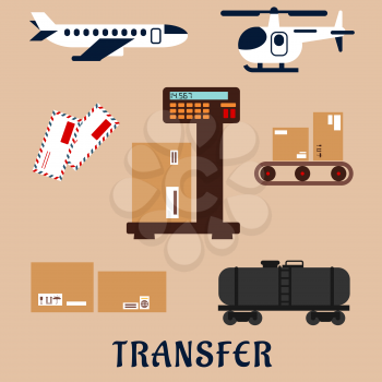 Air and rail freight service flat icons with airplane, helicopter, tank wagon, letters and delivery boxes with packaging signs on a scales and a conveyor belt. Caption transfer below