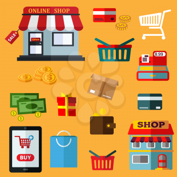 Shopping and retail flat icons of online shop, sale tag, tablet pc with buy button, money, banking cards, shopping cart, basket and bag, store, wallet, cash register, gift and delivery boxes  