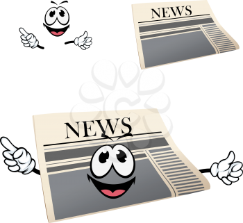 Happy cartoon newspaper character with headline News and smiling face showing finger away for media or advertisement design