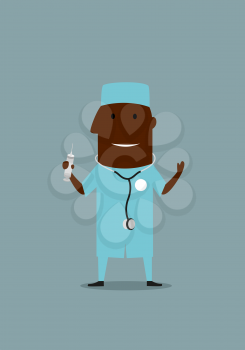 Smiling african american doctor in blue medical scrubs with stethoscope and syringe in hand. For hospital staff or medicine themes design, cartoon flat style