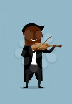 Cheerful african american musician violinist in elegant tailcoat playing solo a violin for musical concert design, cartoon flat style