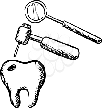 Tooth with decay, dental drill and mirror, isolated on white background for teeth treatment or dentistry design, outline sketch