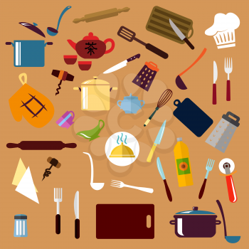 Kitchenware and utensil flat icons with pots, ladles and knives, forks, cup and tea set, tray and graters, cutting boards, rolling pins and chef hat, spatula and salt, corkscrews and oil, pizza cutter