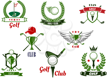 Golf club emblems or logo with balls, clubs, tees, putting green, trophies, supplemented by stars, crown, wings, cap, shields, laurel wreaths and ribbon banners