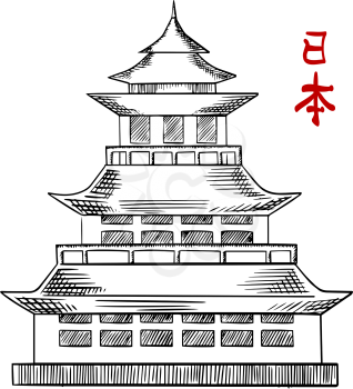 Traditional japanese pagoda tower with curved roof eaves and balconies, isolated on white background. Sketch style