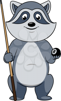 Cartoon gray raccoon billiards player character with lucky black ball and cue isolated on white background, for sporting club mascot theme