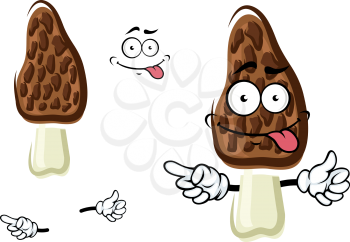 Forest black morel mushroom cartoon character with brown conical cap and teasing face, isolated on white