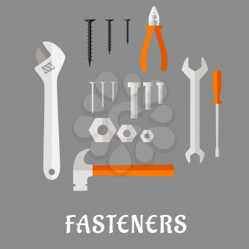 Fasteners and tools flat icons with screws, nails, bolts and nuts, hammer, wrench, screwdriver, pliers and adjustable spanner on gray background