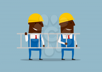 African american happy cartoon engineers in yellow helmets carrying ladder. For construction or business concept design