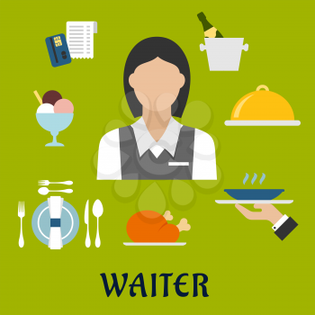 Waiter profession flat icons with waitress in elegant uniform, surrounded by dinner set, champagne and ice bucket, ice cream sundae, fried chicken, cloche and restaurant bill