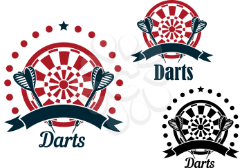 Darts game icons of arrows with striped fletching and dartboards, decorated by stars, dots and ribbon banners