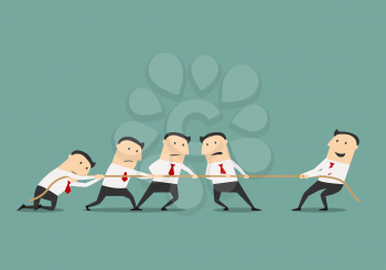 Successful and powerful businessman competing with group of businessmen in a tug of war battle, for leadership or business competition concept design. Cartoon flat style