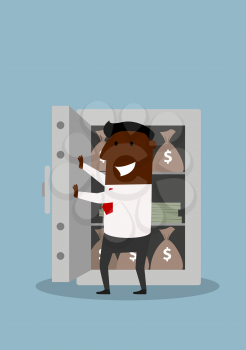 African american businessman opens metal safe with staked banknotes and money bags. Cartoon flat style