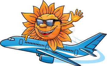 Funny cartoon sun character in sunglasses flying on airplane, for vacation and air travel theme design
