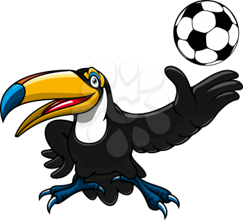 Happy toucan bird player cartoon character with ball for mascot or sport themes