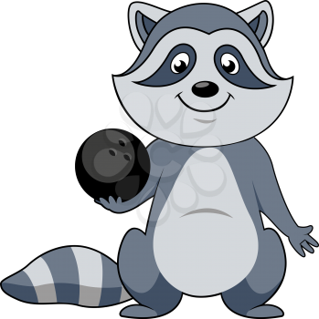 Funny cartoon raccoon player with black bowling ball isolated on white background. For sports or club mascot design