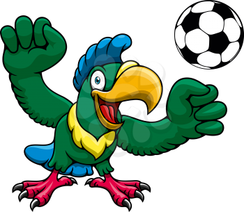 Happy bright parrot player cartoon character with soccer ball, for sports club or team mascot design