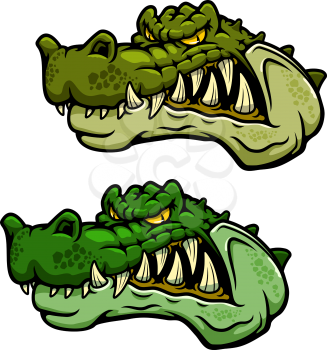Angry crocodile character head with bared teeth and rugged armored green skin, for sporting mascot or tattoo design