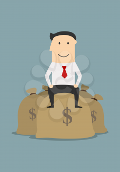 Wealthy successful cartoon businessman sitting on top of a pile of dollar money bags, for business concept