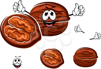 Happy brown cartoon walnut in a whole and halved form with the shell opened to reveal the nut with, isolated on white
