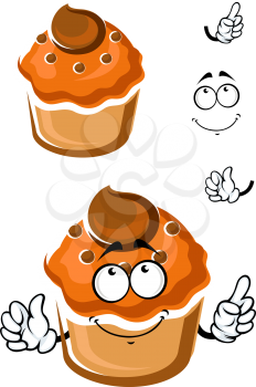 Funny cartoon muffin with chocolate toppings on white background, isolated on white