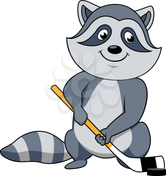 Joyful raccoon hockey player cartoon character with hockey stick and puck, for sport team mascot design