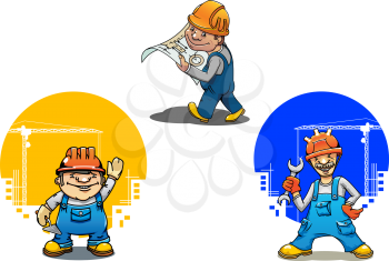 Funny cartoon engineer with building project, construction worker with spanner and bricklayer with trowel, for construction industry theme