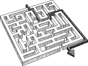 Sketch of labyrinth or maze, solved by arrow, showing a workaround solution, for success theme design 