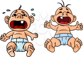 Cartoon crying babies with wide open mouths and tear drops around one of them, for childish theme concept