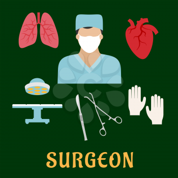 Surgeon profession flat icons with doctor wearing in blue scrubs and mask, with operation table and lamp, gloves, human heart and lung, scalpel and forceps around