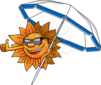 Cheerful sun cartoon character in sunglasses under the beach umbrella, giving thumb up sign, for travel or summer holiday themes