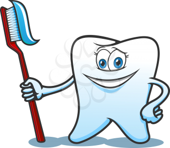 Smiling healthy white tooth cartoon character holds toothbrush with toothpaste in hand. For hygiene or dentistry themes design