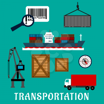 Shipping and delivery flat icons with container ship, cargo crane, wooden and steel containers, barcode with magnifier, compass and delivery truck