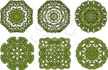 Circular green celtic knot patterns with floral and animal ornamental elements, for tattoo or medieval themes design