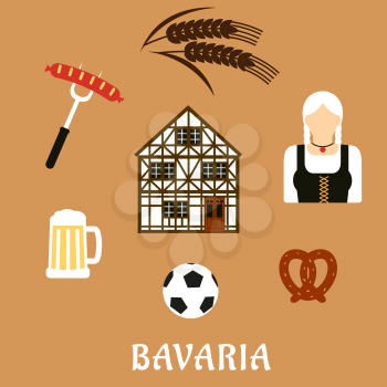 Bavaria travel flat icons with beer mug, grilled sausage, pretzel, football ball, woman in national costume, barley and traditional german half-timbered building