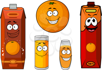 Healthful fresh orange fruit cartoon character with happy smiling juice packs and glasses, for food and drink theme