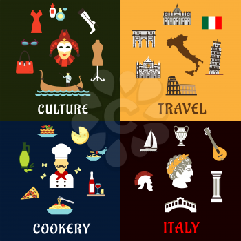 Italy travel concept with traditional symbols of italian architecture, history, culture and cuisine. Flat icons